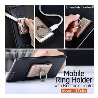 Picture of Mobile Ring Holder With Electronic Lighter USB Rechargeable Charging Flameless Ring Lighter Windproof with Metal Phone Ring Stand Holder Cellphone Finger Grip 360 Degree Rotation 