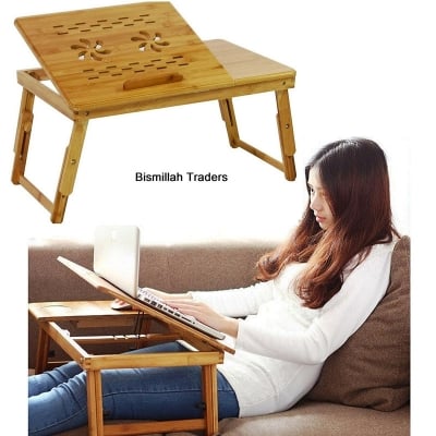 Picture of Laptop Table stand cooling fan wooden Portable Folding Lap-Desk Tray Bed Notebook Table Adjustable (Wooden)