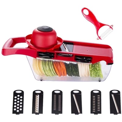 Picture of Vegetable Slicer 7 in 1 Multi-Function Food Slicer Grater Chopper Fruit and Cheese Vegetable Cutter Mandoline Vegetable Slicer with 6 Interchangeable Blades Free Peeler (Multicolor)