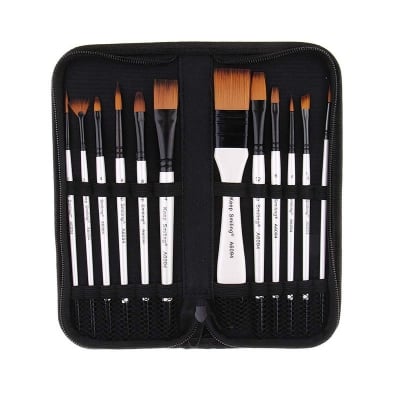 Picture of 12 Different Sizes Nylon Hair Keep Smiling Artist Paint Brushes Art Brush with Carry Case (White)