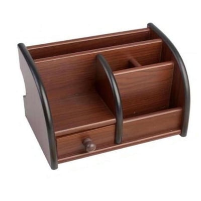 Picture of Polished Multi-Functional Wooden Desk Organiser, Pen Stand/Pencil Stand/Stationery Stand for Office and Students use with Drawer Wooden Pen Holder/ Pen pot/ Office desk pen holder remote holder Desh organizer (Brown)