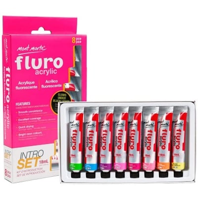 Picture of Mont Marte Fluro Acrylic Paint Intro Set (18ml) Tubes, 8 Different Colors, Suitable for Use with Canvas, Card, Paper and Wood (Multicolor)