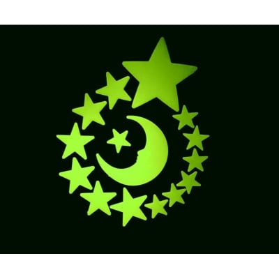 Picture of Glow in Dark Fluorescent Moon, Big Star Set with Glue Dots  - 15 pcs pack (Green)