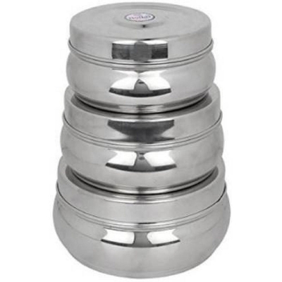 Picture of 4 Steel Bread Container / Steel Box 4 | Round Steel Flat Canisters with Lids | Food Storage Containers for Roti Chapati Dry Fruits | Stackable Multipurpose (Silver)