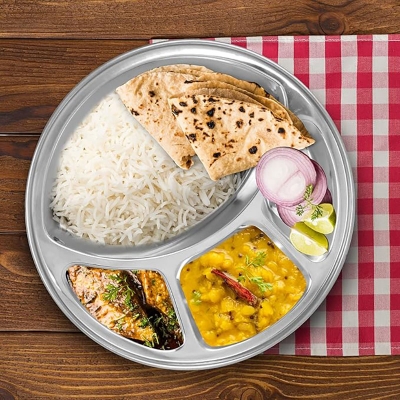 Picture of 2 PCS Stainless Steel Divided Plates Round Thali Plate, 4 compartment Thali, BPA Free, Diet Food Control, Camping Dishes, Compact Serving Platter, Dinner Snack, (Silver)
