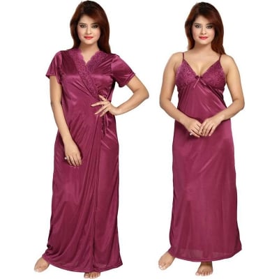 Picture of Women's Nighty Short Sleeve round Neck Cotton Sleepwear in Pink Blue And White (Magenta,Int:XL)