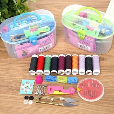 Picture of Portable Sewing Kit Box Plastic Organizer Storage Box with Removable Interlayer for 10pcs Sewing Tools Including Needle Tape Measure Scissor Thimble (others)