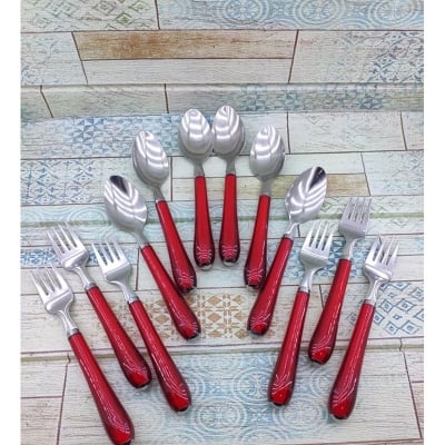 Picture of 6 Pcs Stainless Steel Tea & Frok Spoon With Plastic Handle Set. Stainless Steel Spoon Set With Plastic Handle Red 3 Tea Spoon And 3 Frok Spoon Set (Red)