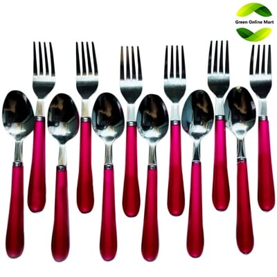 Picture of 12 Pcs Stainless Steel Tea & Frok Spoon With Plastic Handle Set. Stainless Steel Spoon Set With Beautiful Plastic Handle Red:Cd:P30 (Red)