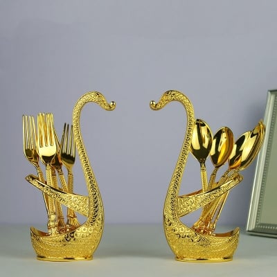 Picture of Swan Dinnerware European Style Gold Finish Metal Cake /Coffee Spoon Fork Set Tableware For Home Table Decor (Gold)