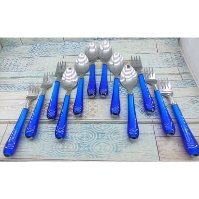 Picture of 12 Pcs Stainless Steel Tea & Fork Spoon Set. Stainless Steel Spoon Set With Beautiful Plastic Handle Blue Color.Cd:P30 (Blue)