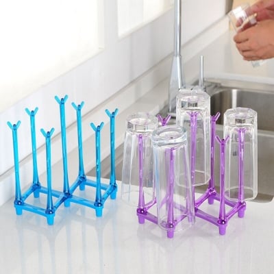 Picture of Stretched Drain Cup Holder With 7 Pillars Folded Glass Cup Rack For Kitchen Cup Bottle Load 7 Glasses Cup Storage Tool - Coffee Mug (Green)