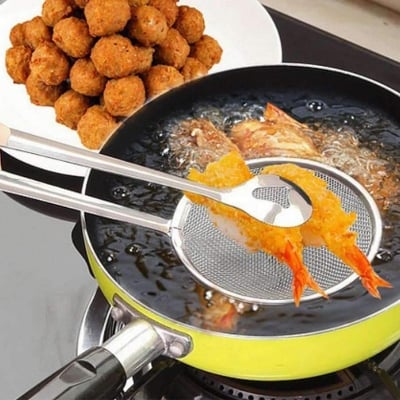 Picture of Filter Spoon Strainer With Clip 2 in 1 Fry Tool Oil Frying spoon Stainless Steel Clamp Strainer Filter Spoon With Clip Food (Silver)