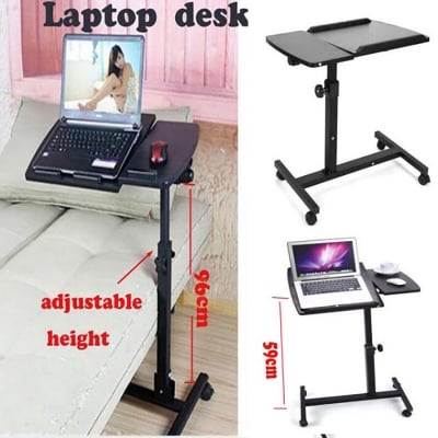 Picture of Folding Laptop Table Stand Tray Adjustable Rolling Laptop Desk with Wheels Workstation Cart Computer Table Foot Pedal (Black)