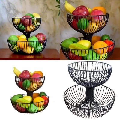 Picture of New Design 2 Tier Round Fruit Basket / Kitchen, Dining & Bar Bronze Wrought Iron 2 Tier Open Fruit Display Stand Basket Kitchen Storage & Organization (Black)