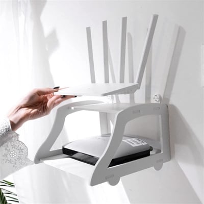 Picture of Wall Mounted Wifi Router Shelf Set-Top Box Bracket Storage Box Double Floating Wall Mount Shelf (White)