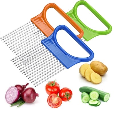 Picture of Tomato Onion Vegetables Slicer Cutting Aid Holder Guide Slicing Cutter Safe Fork Kitchen Onion Holder for Slicing, 2025 New Stainless Steel Slicer Holder, Lemon Slicer Vegetable Cutter, Chopper Slicing Assistant Tool for Meat, Potato, Tomato Home Kitchen (Multicolor)