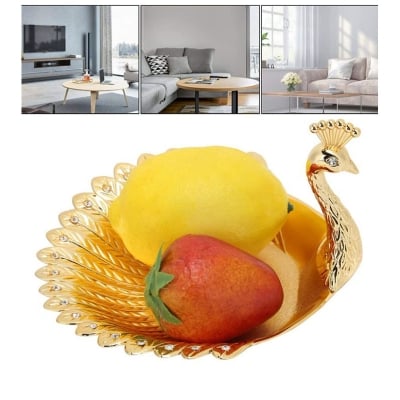 Picture of Creative Metal Golden Peacock Plate,Nut Fruit Candy Snack Storage Dish,Home Living Room Craft Decoration Ornaments (Gold)