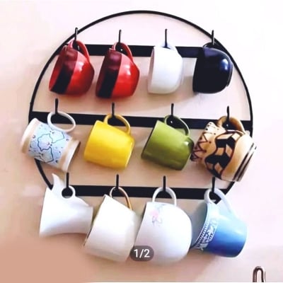Picture of Black Iron Hanging Cup Stand Wall-Mounted Mug Rack for 10 Mugs, 20 lb Capacity (Black)