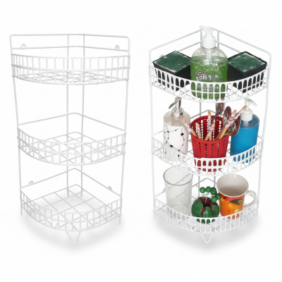 Picture of 2 Pcs Iron Corner Stand  3 Layer Wall-Mounted Storage Rack for Kitchen Bathroom Organization (White)