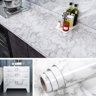 Picture of White Marble Wallpaper 1 miter Peel and Stick Countertops for Kitchen Waterproof Vinyl Countertop Contact Paper for Desk Cover Dresser Top Counter Top Covering Table Sticker (White)