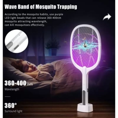 Picture of Rechargeable Wireless Handheld Electric Shock Mosquito Killer/Fly Swatter Racket Bat/Electric Insect Killer with 3-Layer Mesh UV Light Lamp USB Charging Base for Indoor Outdoor (Multicolor)