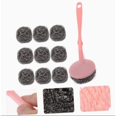 Picture of 10 Stainless Steel Scrubbers with Handle Cleaning Brush Dish /Sink Brushes Kitchen Cleaning Tool Steel |China Scrubber| Multicolour (Multicolor)