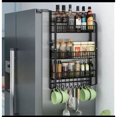 Picture of Refrigerator Hanging Rack Refrigerator Side Hanger Punch Free Fridge Hanging Rack Shelf Side Storage for Spice Seasoning & Kitchen Utensils Fridge Organisers (Black)