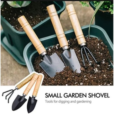 Picture of 3Pcs Mini Garden Tool Set Wooden Handle Small Sharp Shovel Rake House Pot Plants Gift (Black)
