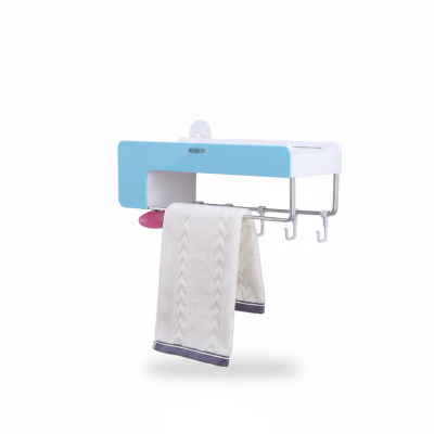 Picture of Adhesive Kitchen Bathroom Organizer Self adhesive Storage Rack Wall Holder With Hook no drill Towel Rack (Blue)