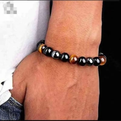 Picture of Tigers Eye - Black Obsidian and Hematite Beaded Bracelets for Men Women, Natural Crystal Stone Luck Bracelet, Birthday Mother's Day Gift (Black,18 CM)