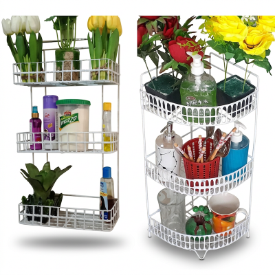 Picture of 3Tier Metal Storage Shelf - Set of 2 Hanging Corner Racks Wall Mounted for Kitchen and Bathroom Organization (White)