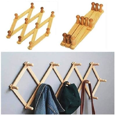 Picture of 10 Hook Torched Wood, Wall Mounted Expandable Adjustable Wood Wall Hangers for Hanging Clothes, Hooks, Shelves (Brown)