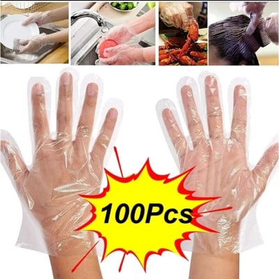 Picture of 100 Pcs Polythine Gloves safety gloves for catering cleaning mechanic hair dressing (CLEAR,Int: One size)