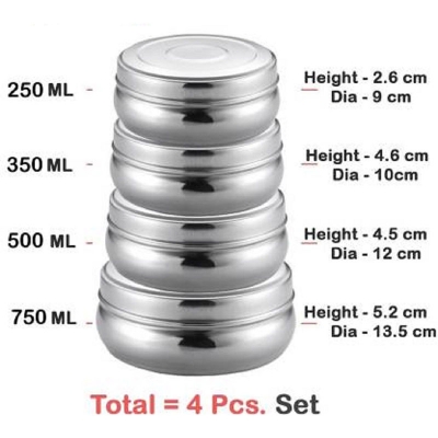 Picture of Round Steel Flat Canisters with Lids | Food Storage Containers for Roti Chapati Dry Fruits | Stackable Multipurpose Kitchen Dabba| Food Storage /Container, Set of 4 Stainless Steel Container With Lid - 250 Ml, 350 Ml, 500 Ml, 750 Ml (Silver)