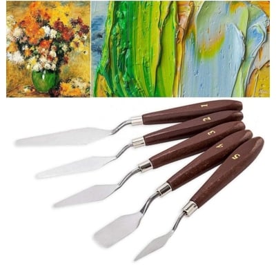 Picture of Painting Set, Spatula Palette Stainless Steel Oil Mixing Scraper, Paint Accessories Art Artist 5pcs (Brown)