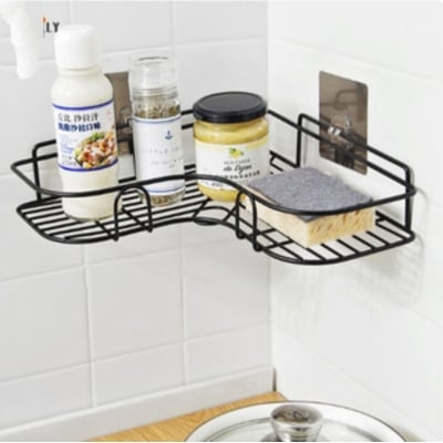 Picture of Drill-Free Dual Use Adhesive Or Screw Hook Metal Iron Wire Corner Shelf Storage Hanging Rack,Office Partition Corner Shelf,Bathroom Kitchen Corner Triangular Basket (Black)
