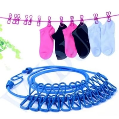 Picture of Clothesline Rope with clip Hangers, Outdoor Hanger, Travel, Camping Hanger, Elastic Clothesline With 12 Pcs Clip (Multicolor)