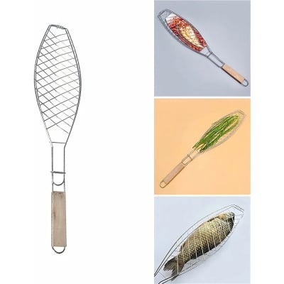 Picture of 1Pcs Fish Grill Basket, Folding Portable Stainless Steel Fish Grill Basket for Roasting Fish (Silver)