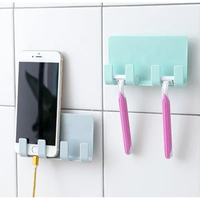 Picture of Mobile Phone Holders Phone Charger Wall Mounted 4 Hooks Storage Hanger Rack Bathroom Hanging Holder Mobile (Multicolor)
