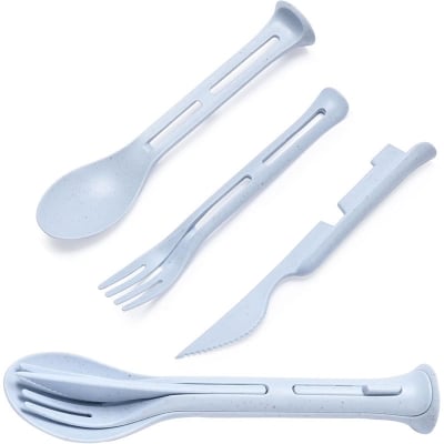Picture of 3pcs/set 3 in 1 Travel Portable Cutlery Set Wheat Straw Fork Spoon Student Dinnerware Sets Kitchen Tableware (Multicolor) (Multicolor)