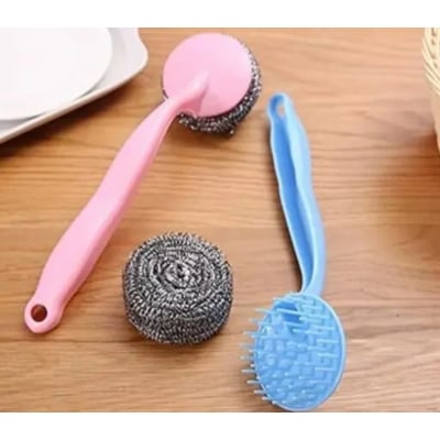 Picture of 1 Pcs Long Handle Stainless Steel Wire Ball Kitchen Brush Dish Cleaning Tools dish washer pad (Multicolor)