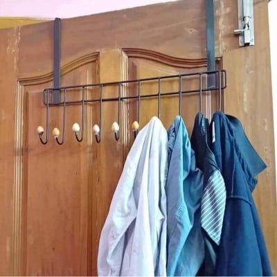 Picture of Iron Door Hangers 7 hook/Cloth Holder/Drill Free Hooks for Hanging Towel/Pants/Jeans/Caps/Over The Door Hanger for Bathroom/Kitchen/Living Room(9 Hooks) (Black)