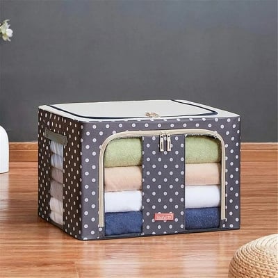 Picture of Zipped Storage Organiser Box Steel frame storage box Large Capacity Clothes Storage Bag Foldable with Sturdy Zipper Clear Window, 2 Pack,Gray,66L (Grey)