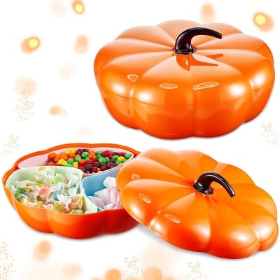 Picture of Pumpkin Snack Bowl with Lid Stacked Pumpkin Snack Holder Halloween Divided Serving Pumpkin Snack Tray with Lid Pumpkin Snackle Box Container 4 Compartments Creative Thanksgiving Decor (Orange)