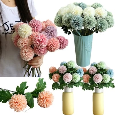 Picture of 5 Pcs Artificial Flowers stick Fake Flowers Silk White Pink Flower Ball Wedding Party Home Decoration Pompon Bouquet (Multicolor)