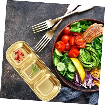 Picture of Triple Compartment Sauce Bowl 1 Pack Stainless Steel Seasoning Dish for Home Restaurant And Catering (Gold)