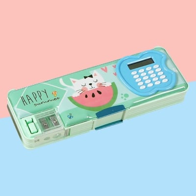 Picture of Pencil Case with Sharpener Multifunction Pencil Box Double part pencil case multicolor multi design Real calculator (Multicolor)