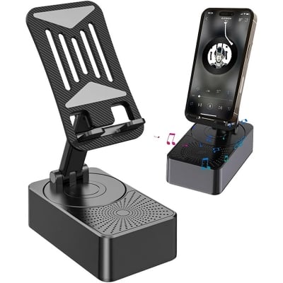 Picture of Phone Holder with Speaker | 3 in 1 Cell Phone Holder, 360° Rotating Phone Mount with 9D Sound, Non-Slip Base, 10 Hours Night Light Stand (Black)