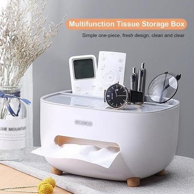 Picture of Tissue Box Cover Holder with Storage, Napkin Tissue Box, Multi-Function Tissue Box ABS Material Storage Organizer (Off White)